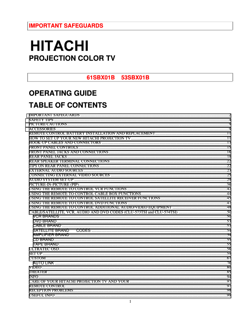 Page n°1 - Manuel utilisateur Hitachi 61SBX01B