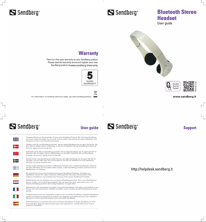 Page 1 de la notice Manuel utilisateur Sandberg Bluetooth Headset 450-04