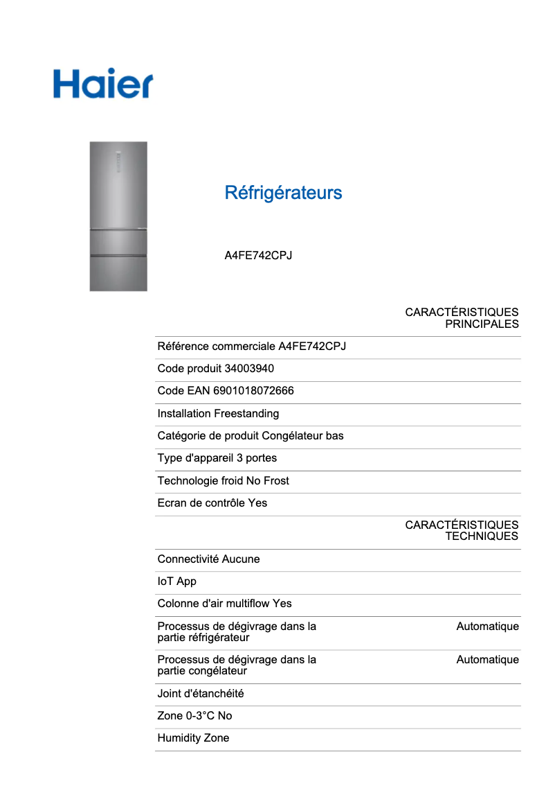 Page n°1 - Fiche technique Haier A4FE742CPJ