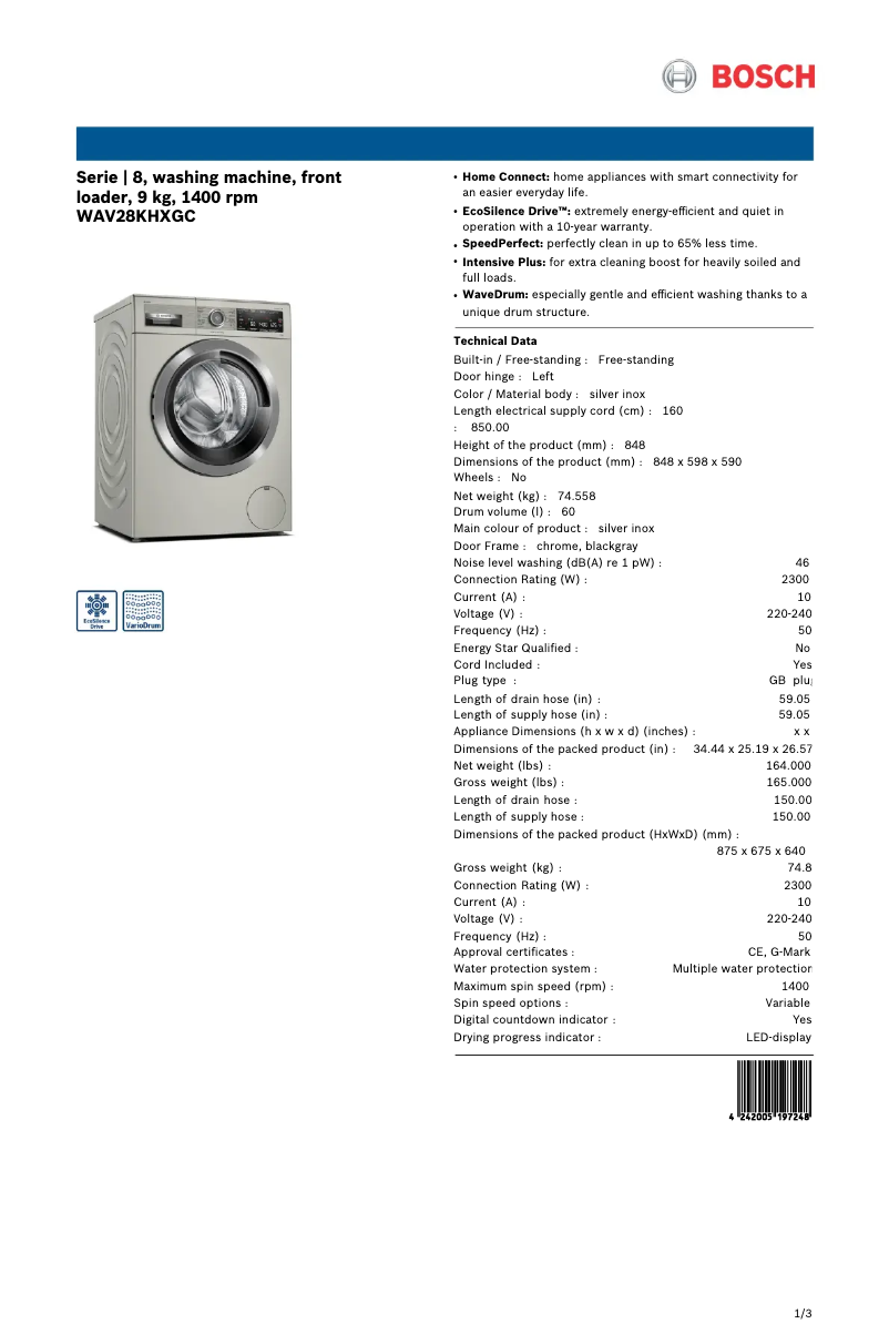 Page 1 of the manual Technical Sheet Bosch WAV28KHXGC