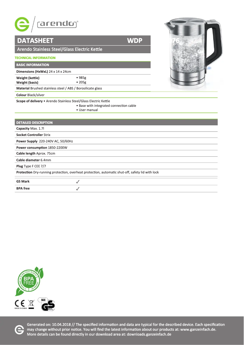 Page 1 de la notice Fiche technique Arendo Solid 303650