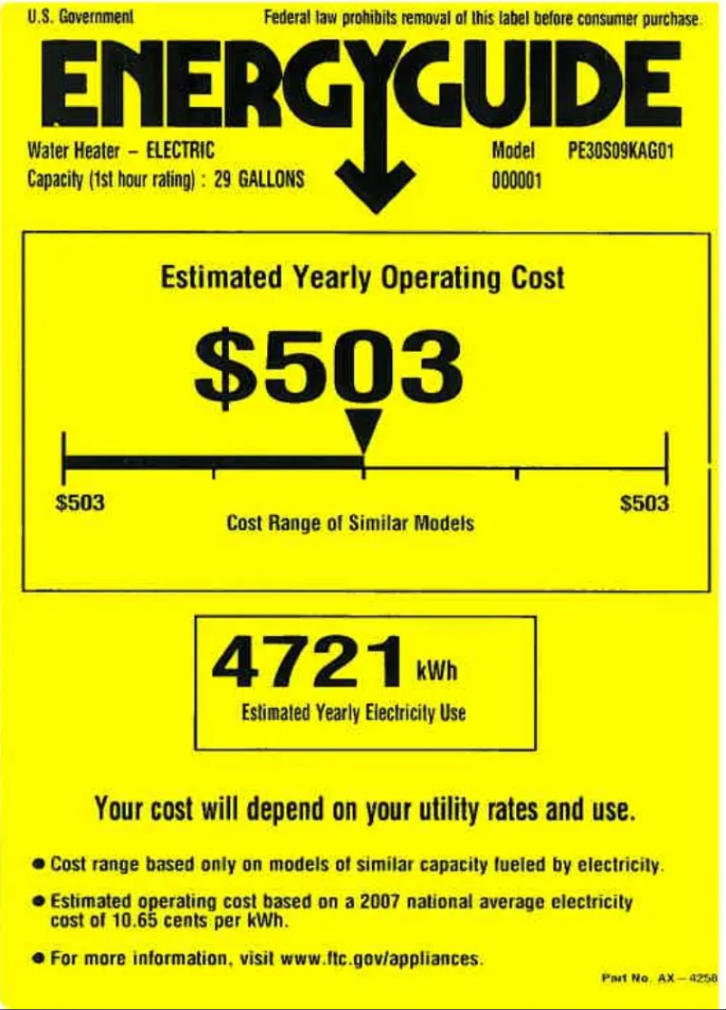 Page n°1 - Label énergétique GE PE30S09KAG