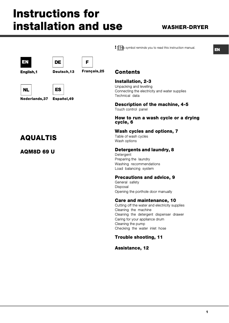 Page n°1 - Manuel utilisateur Hotpoint AQM8D 69 U