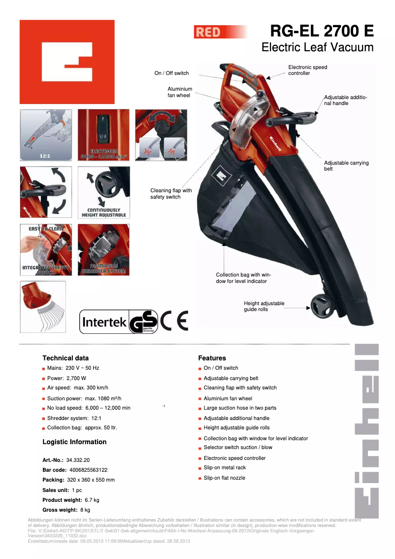 Page n°1 - Fiche technique Einhell RG-EL 2700 E