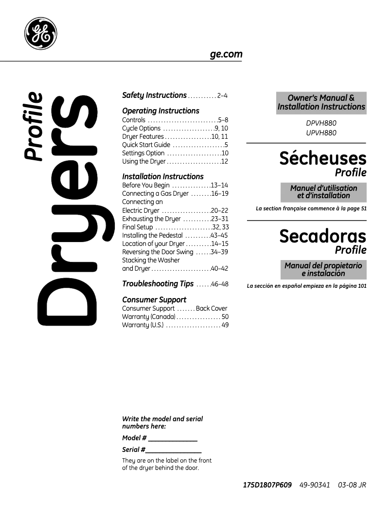 Page n°1 - Manuel utilisateur GE UPVH880GJMG