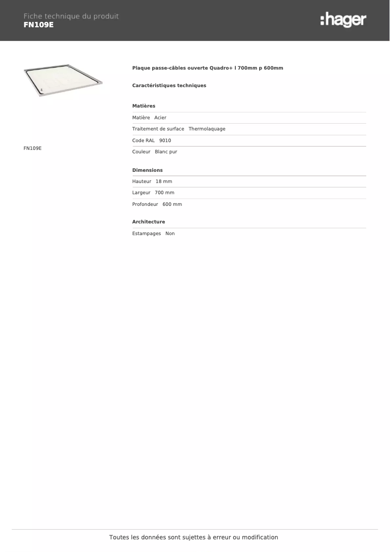 Page 1 de la notice Fiche technique Hager FN109E