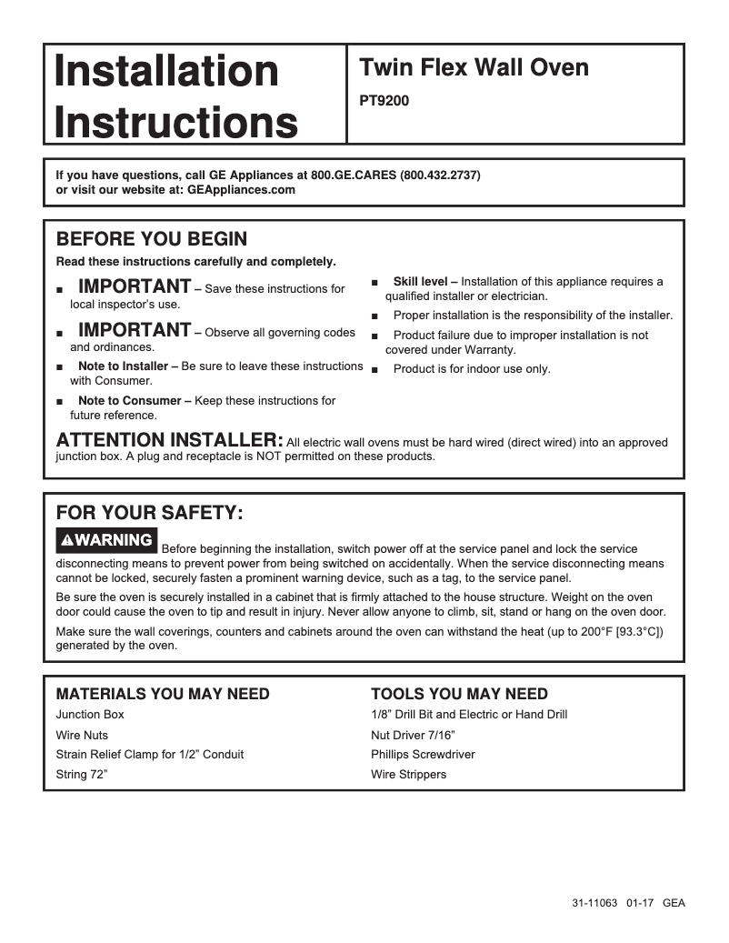 Page 1 de la notice Guide d'installation GE Profile PT9200SLSS