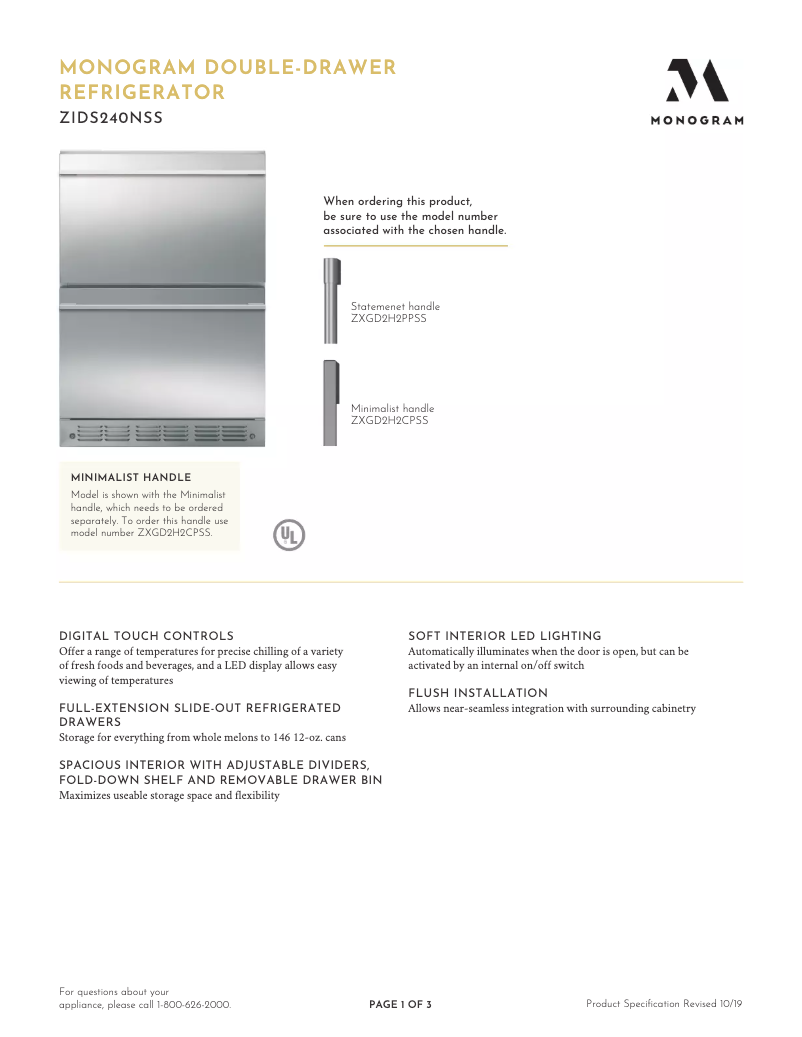 Página 1 del manual Ficha técnica Monogram ZIDS240NSS