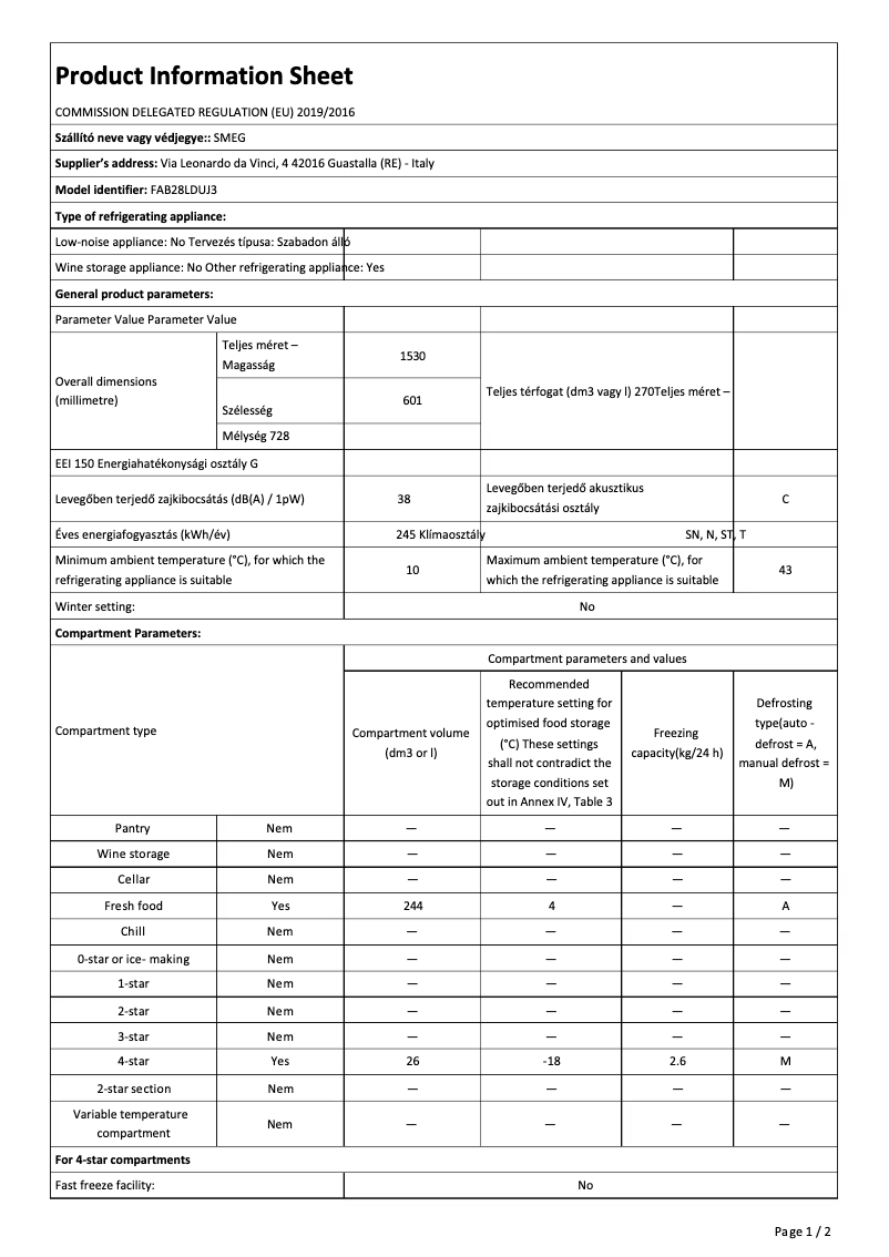 Page 1 de la notice Fiche technique Smeg FAB28LDUJ3