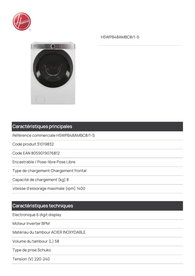 Page 1 de la notice Fiche technique Hoover H5WPB48AMBC8/1-S