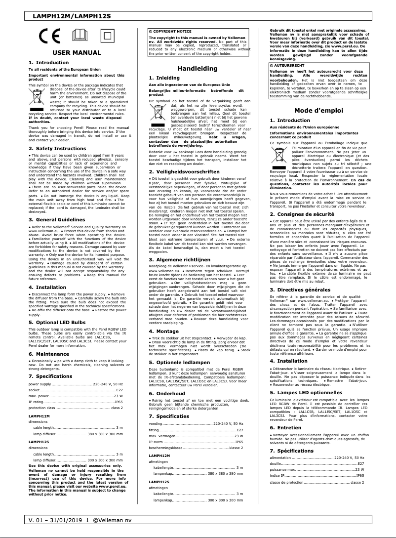 Page 1 de la notice Manuel utilisateur Perel LAMPH12M