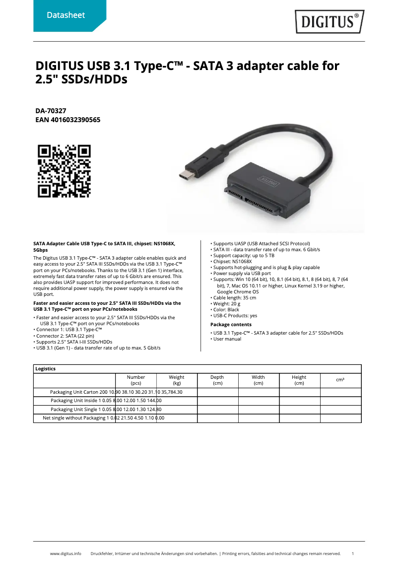 Page 1 de la notice Fiche technique Digitus DA-70327
