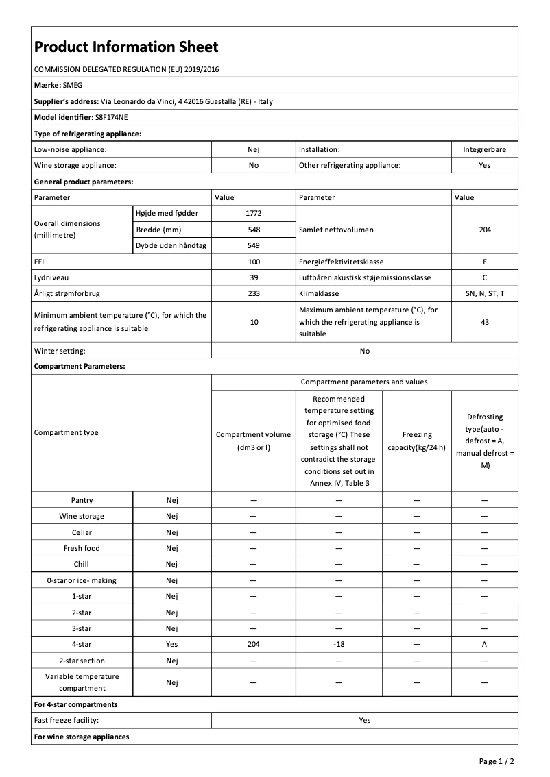 Page 1 de la notice Fiche technique Smeg S8F174NE