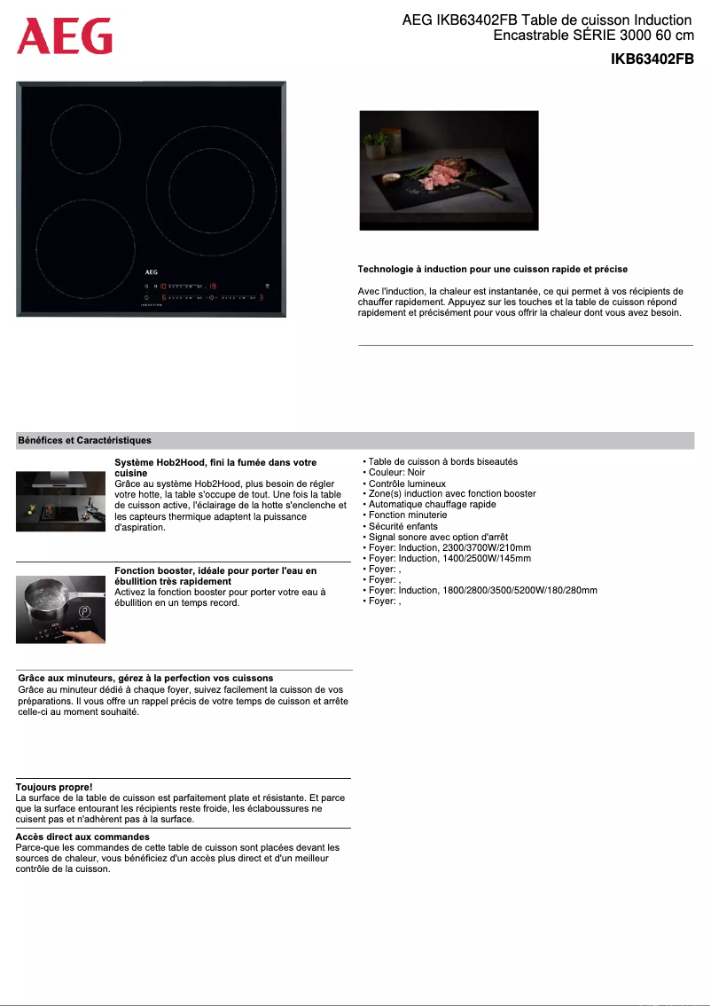 Page 1 de la notice Fiche technique AEG IKB63402FB