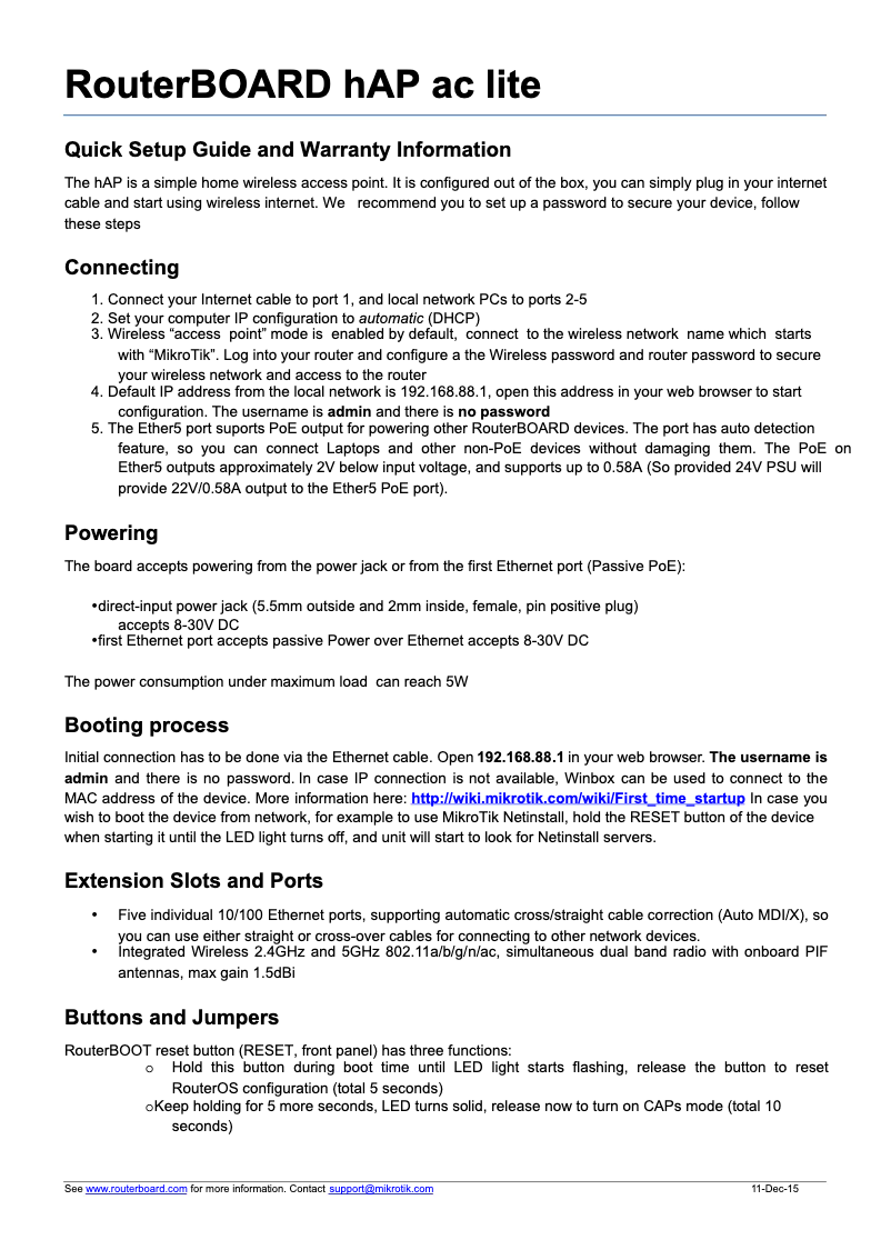 Page 1 de la notice Manuel utilisateur Mikrotik RouterBOARD hAP ac lite