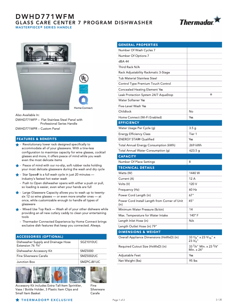 Page 1 de la notice Fiche technique Thermador DWHD771WFM