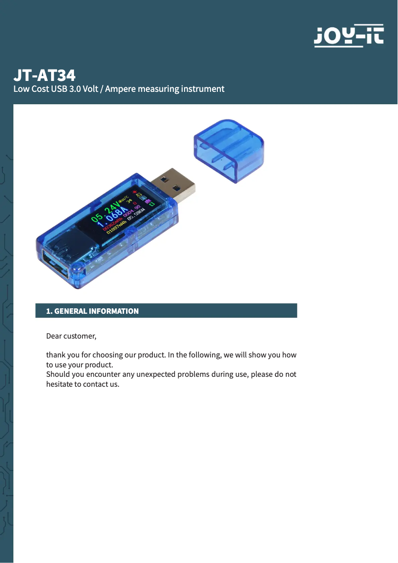 Page 1 de la notice Manuel utilisateur Joy-It JT-AT34