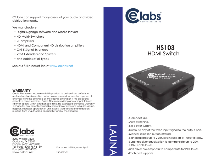 Page n°1 - Manuel utilisateur CE labs HS103