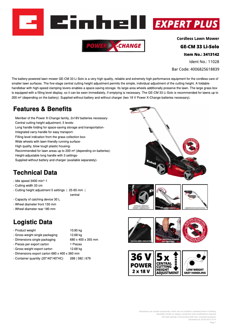 Page 1 de la notice Fiche technique Einhell GE-CM 33 Li-Solo