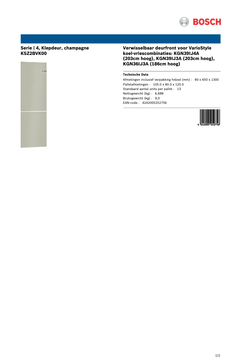 Page 1 de la notice Manuel utilisateur Bosch KSZ2BVK00