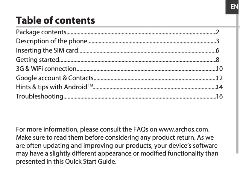 Page 1 de la notice Manuel utilisateur Archos 50 Oxygen Plus