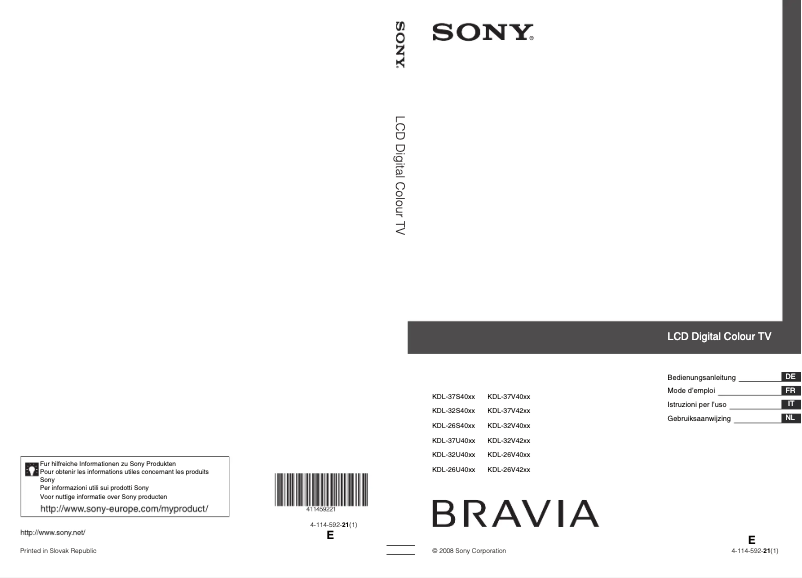 Page 1 de la notice Manuel utilisateur Sony Bravia KDL-32V4000