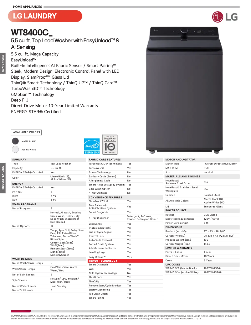 Page 1 de la notice Fiche technique LG WT8400CW