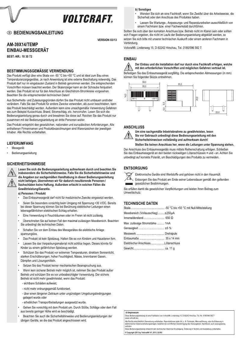 Page 1 de la notice Manuel utilisateur Voltcraft AM-39X14