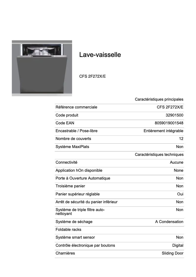 Page 1 de la notice Fiche technique Candy CFS 2F272X/E