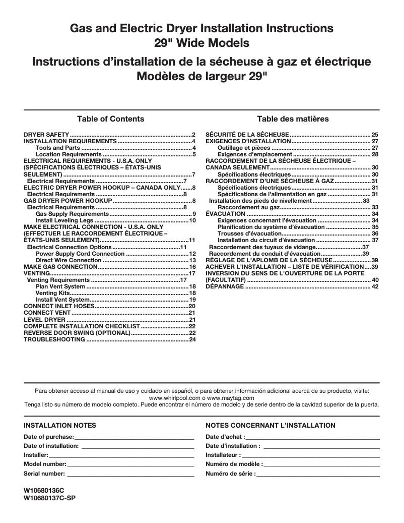 Page 1 de la notice Guide d'installation Whirlpool WED7000D
