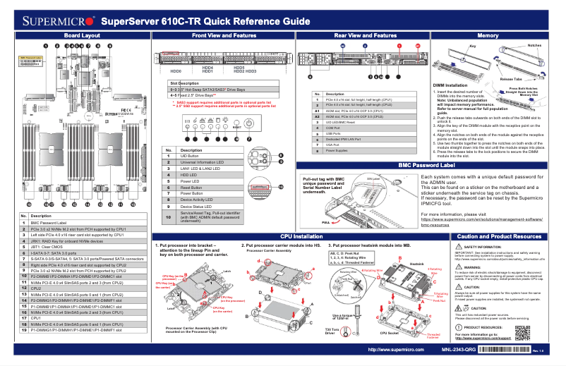Page 1 de la notice Guide de démarrage rapide Supermicro SuperServer SYS-610C-TR