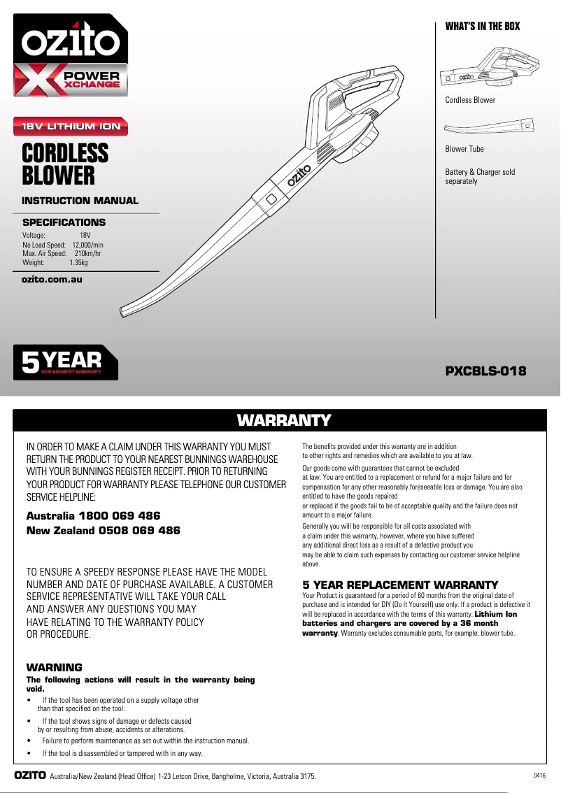 Página 1 del manual Manual de instrucciones Ozito PXCBLS-018