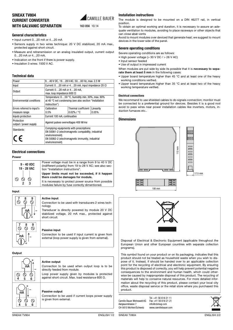 Page 1 de la notice Manuel utilisateur Gossen Metrawatt SINEAX TV804
