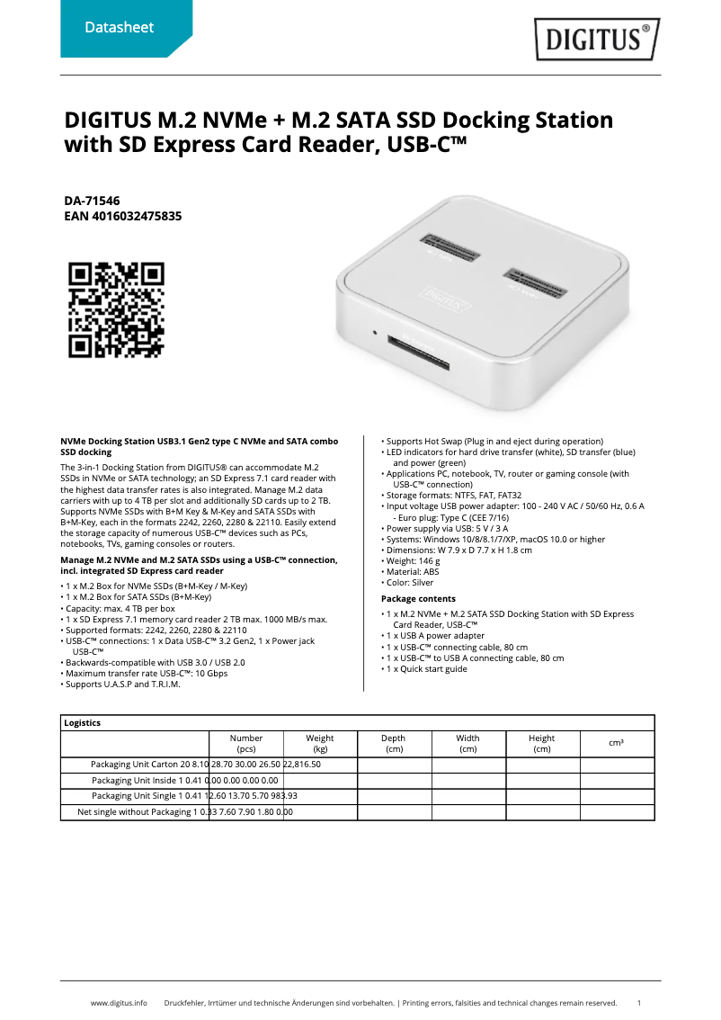 Page 1 de la notice Fiche technique Digitus DA-71546