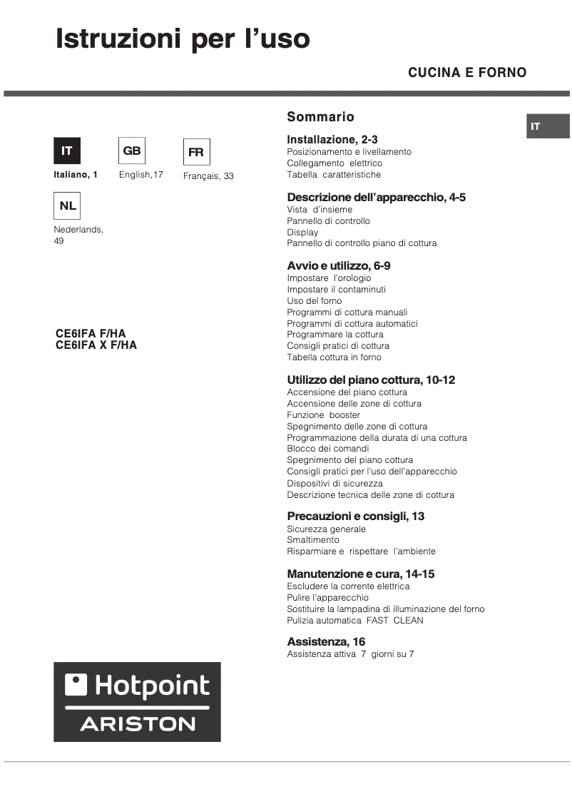 Page 1 de la notice Manuel utilisateur Hotpoint CE6IFA (W) F/HA
