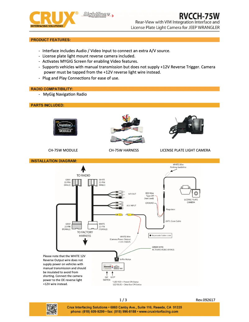 Page 1 de la notice Manuel utilisateur CRUX RVCCH-75W