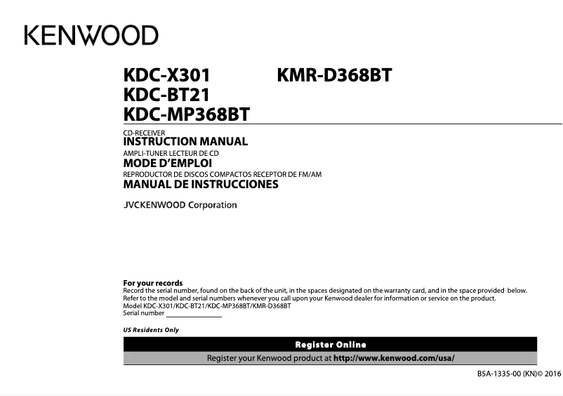 Page n°1 - Manuel utilisateur Kenwood KMR-D368BT