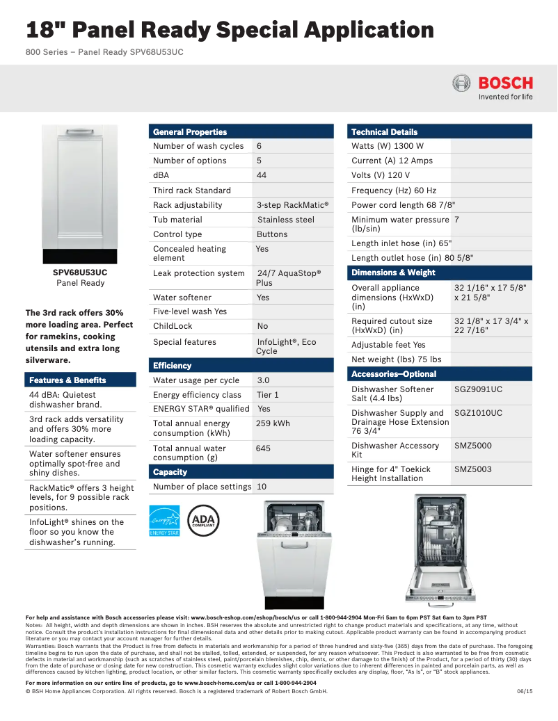 Página 1 del manual Ficha técnica Bosch SPV68U5