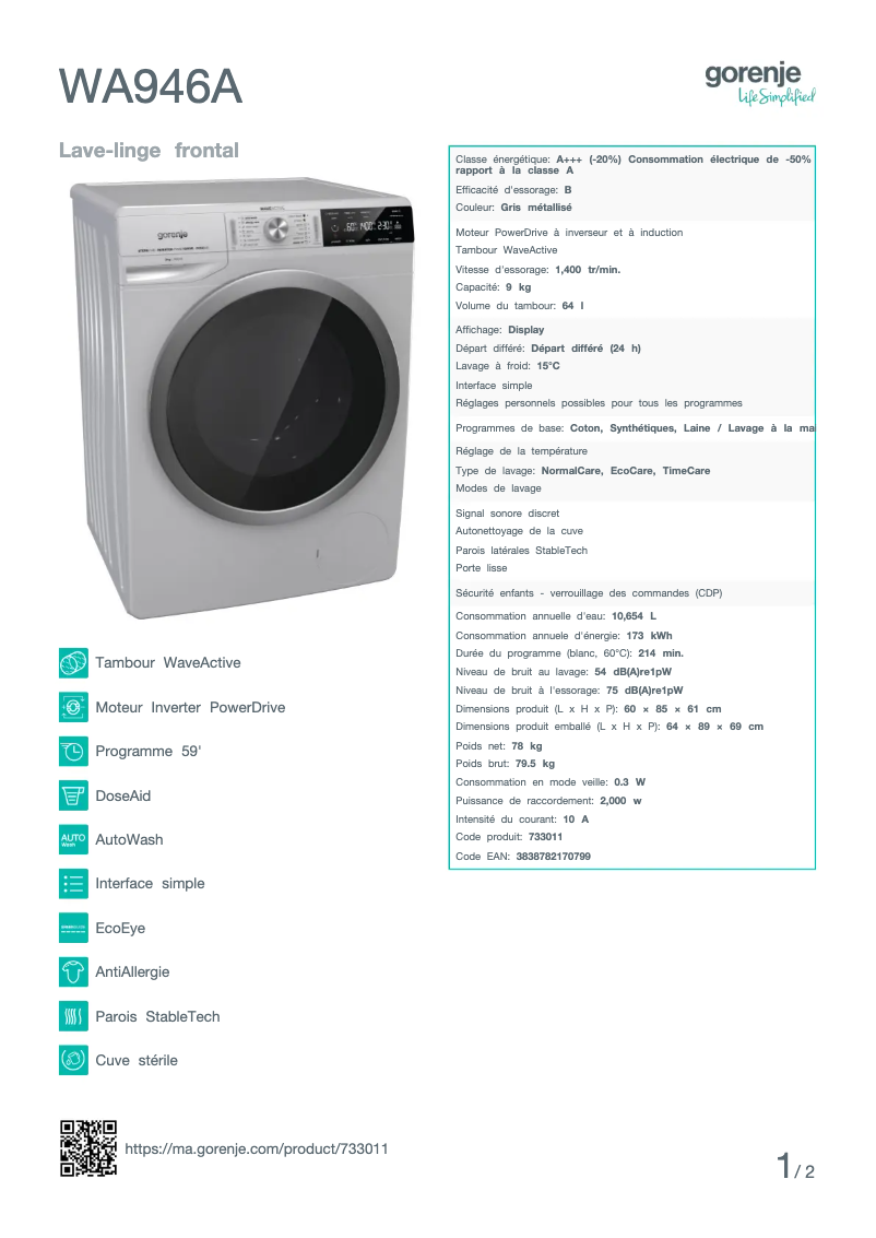Page n°1 - Fiche technique Gorenje WA946A