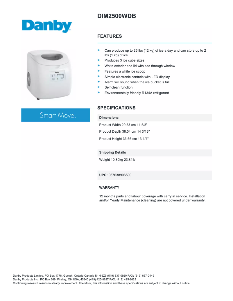 Página 1 del manual Ficha técnica Danby DIM2500