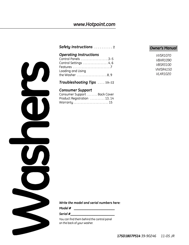 Page 1 de la notice Manuel d'utilisation et d'entretien Hotpoint VVSR1070BWW