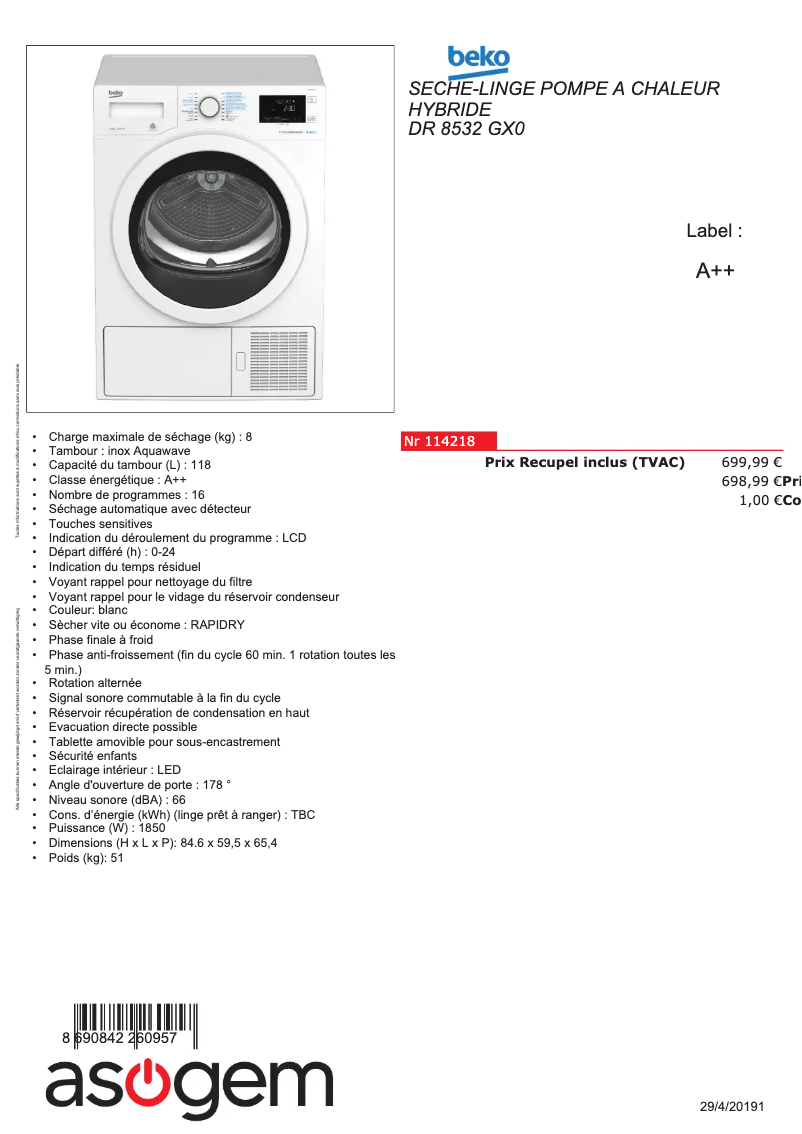 Page 1 de la notice Fiche technique Beko DR8532GX0