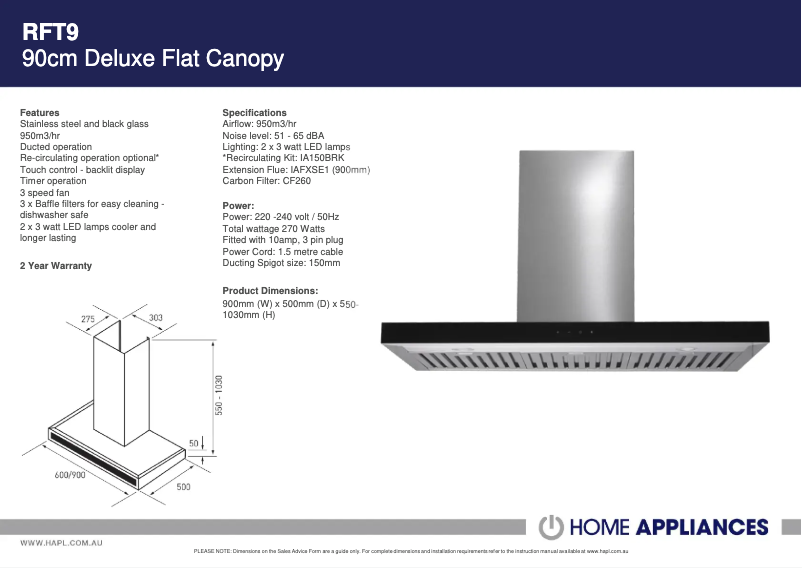 Page 1 de la notice Fiche technique ARC RFT9