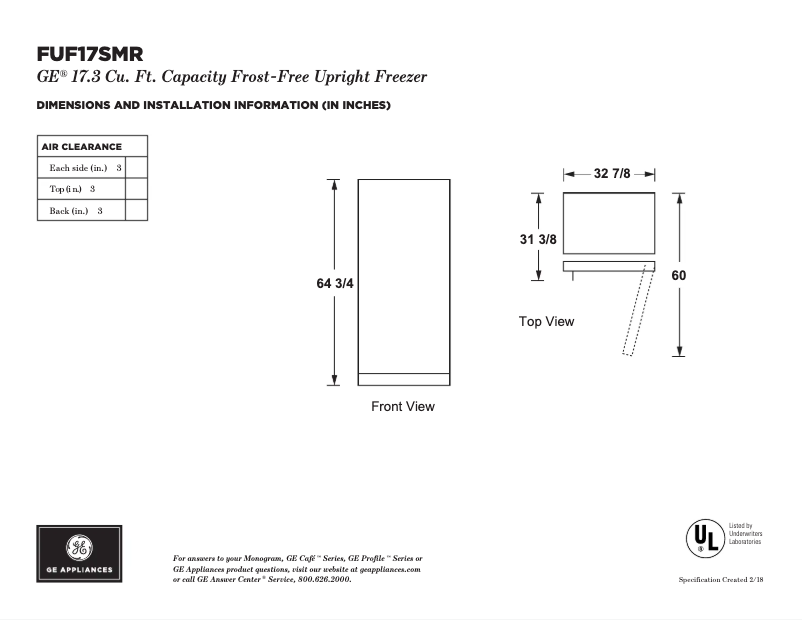 Página 1 del manual Ficha técnica GE FUF17SMRWW