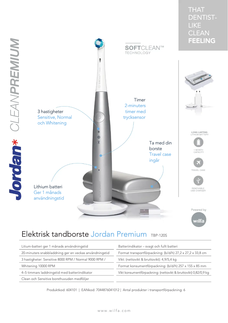 Page 1 de la notice Fiche technique Wilfa Jordan Clean Premium TBP-120S