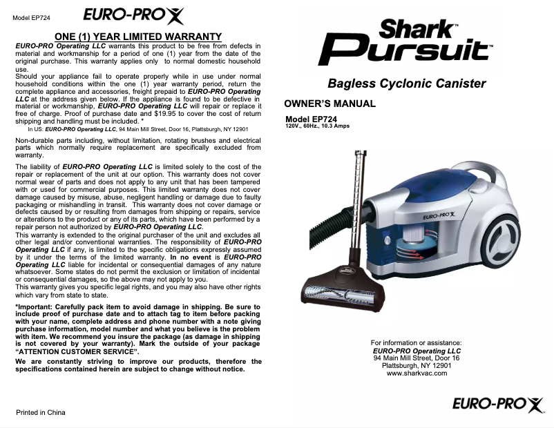 Page 1 de la notice Manuel utilisateur Shark Pursuit EP724