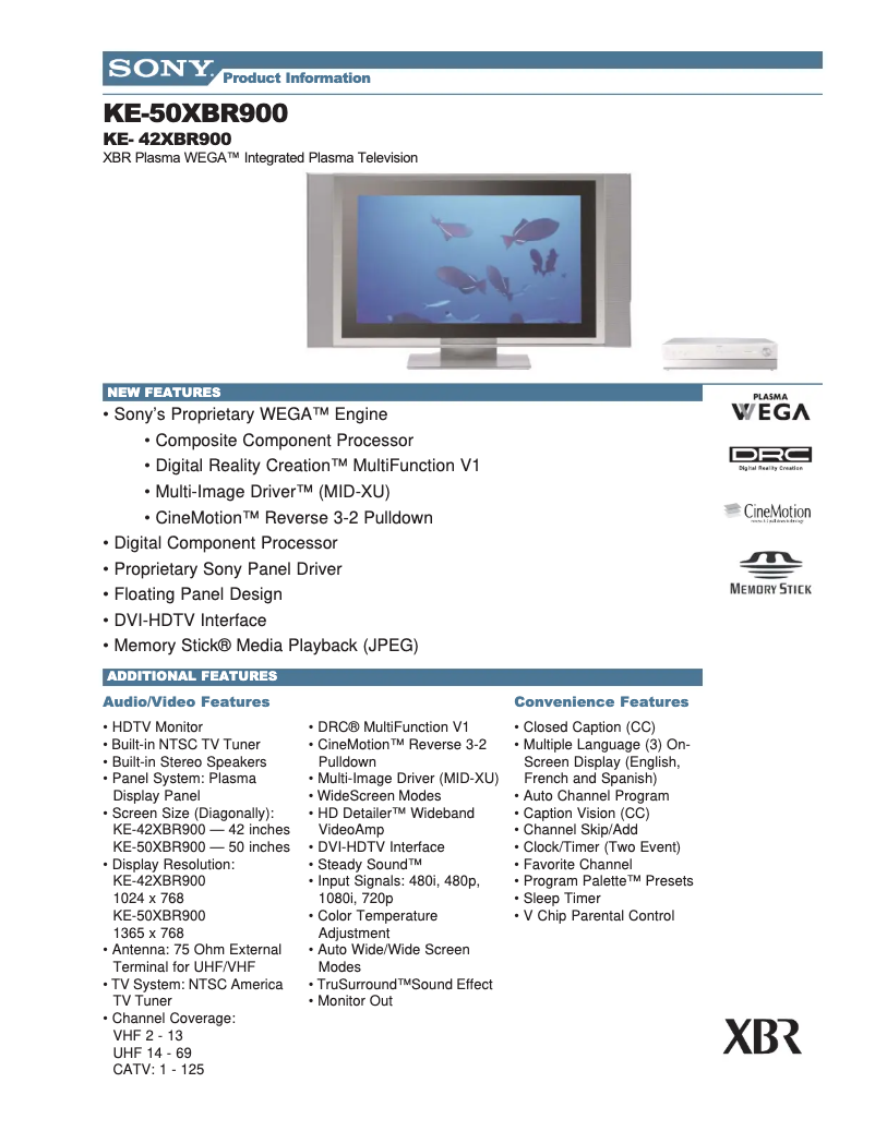Page 1 de la notice Fiche technique Sony KE-50XBR900