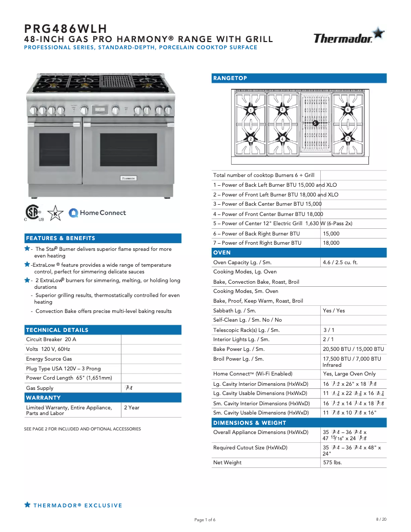 Page n°1 - Fiche technique Thermador PRG486WLH