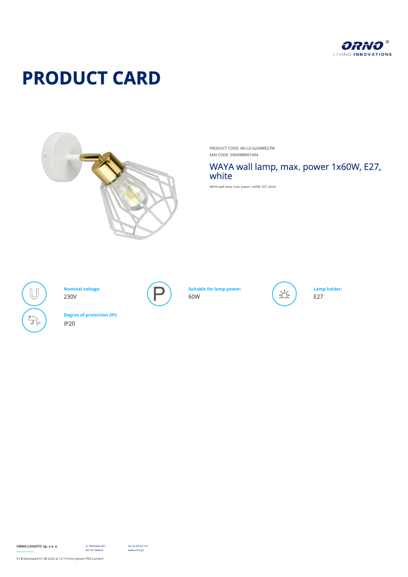 Page n°1 - Fiche technique Adviti AD-LD-6260WE27M