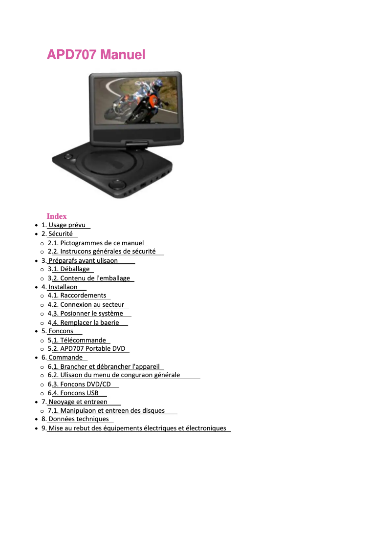 Image de la première page du manuel de l'appareil APD707